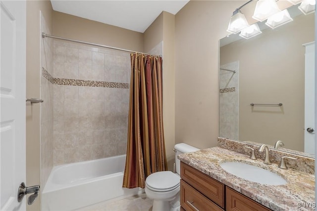 bathroom with toilet, tile patterned floors, shower / bath combination with curtain, and vanity