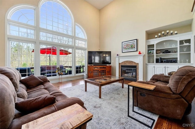 living area featuring a glass covered fireplace, wood finished floors, and a towering ceiling