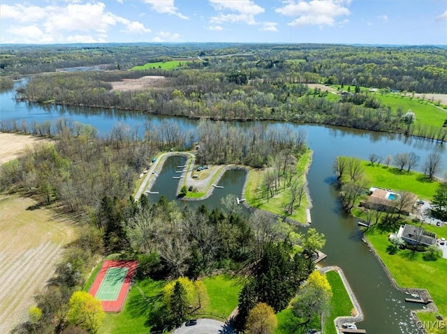 aerial view with a water view and a forest view