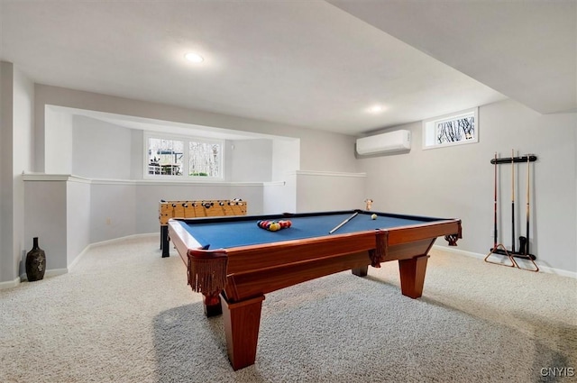 rec room featuring carpet flooring, baseboards, a wall unit AC, and billiards