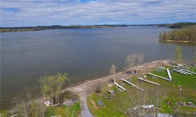 birds eye view of property featuring a water view