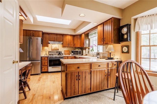 kitchen featuring brown cabinetry, appliances with stainless steel finishes, light countertops, a peninsula, and under cabinet range hood
