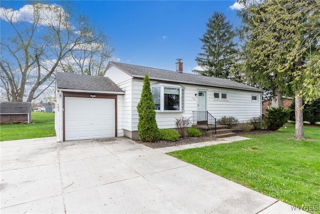 single story home with an attached garage, a chimney, driveway, and a front yard
