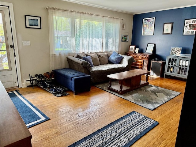 living area with crown molding and wood finished floors