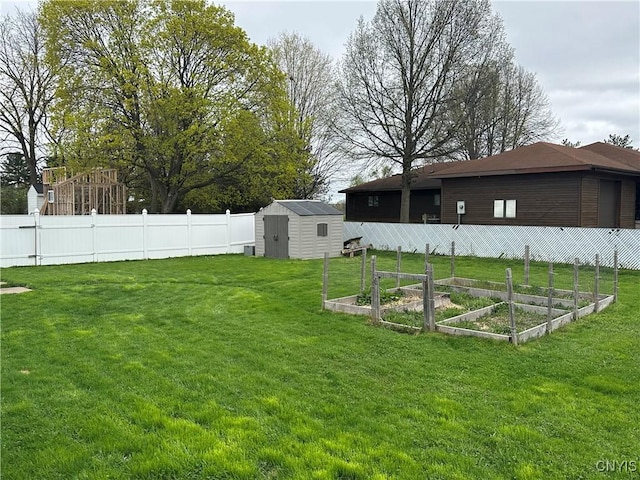 view of yard featuring fence, a storage unit, an outbuilding, and a garden