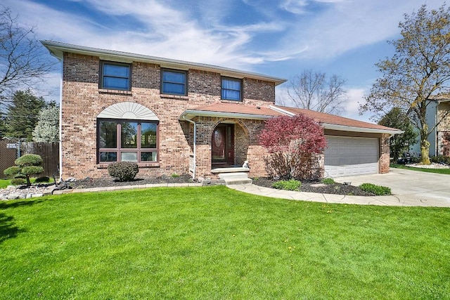 traditional-style home featuring brick siding, fence, driveway, and a front yard