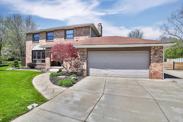 traditional home with brick siding, fence, driveway, and a front lawn