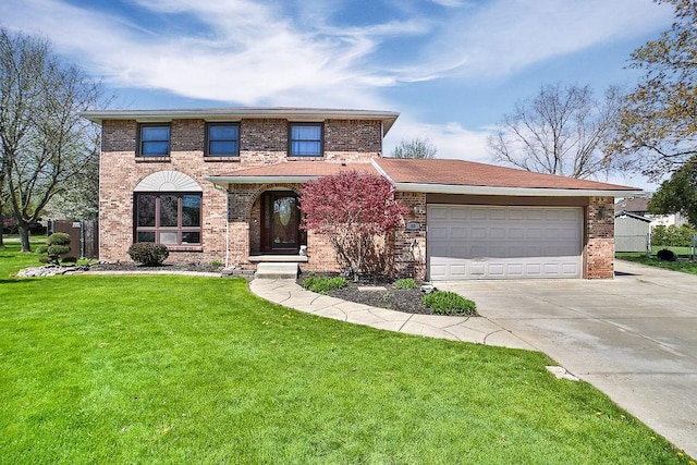 traditional-style house featuring a garage, driveway, a front lawn, and brick siding