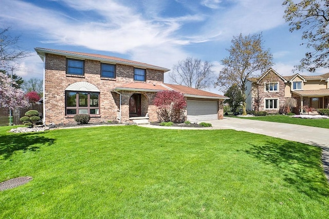 traditional home with brick siding, a garage, driveway, and a front lawn