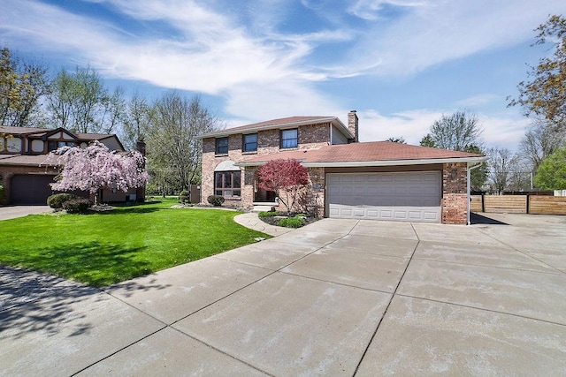 traditional-style house with fence, a front lawn, a garage, a chimney, and concrete driveway