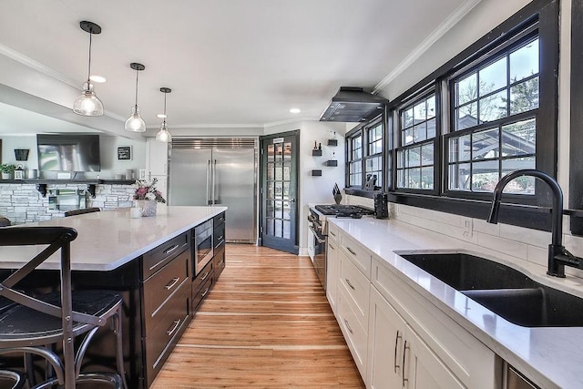kitchen with built in appliances, white cabinets, ornamental molding, and a sink