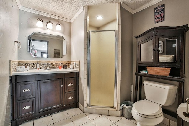 full bath with tile patterned flooring, ornamental molding, a stall shower, and a textured ceiling