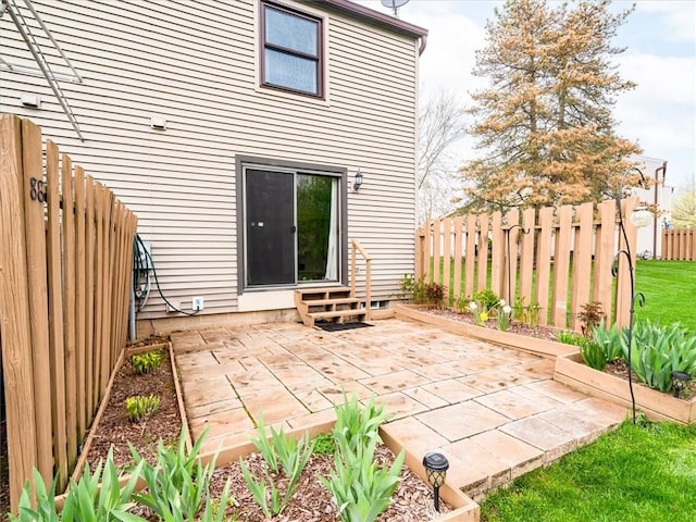 back of house with entry steps, fence private yard, and a patio area