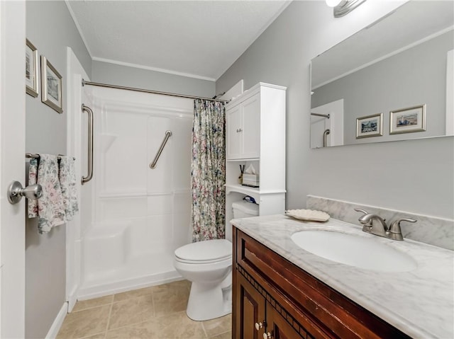 full bath featuring vanity, tile patterned floors, curtained shower, and toilet