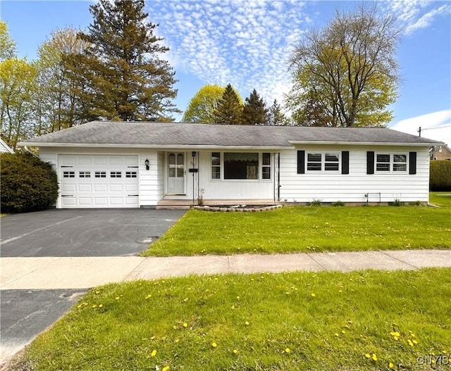 single story home with a garage, a front yard, a porch, and aphalt driveway