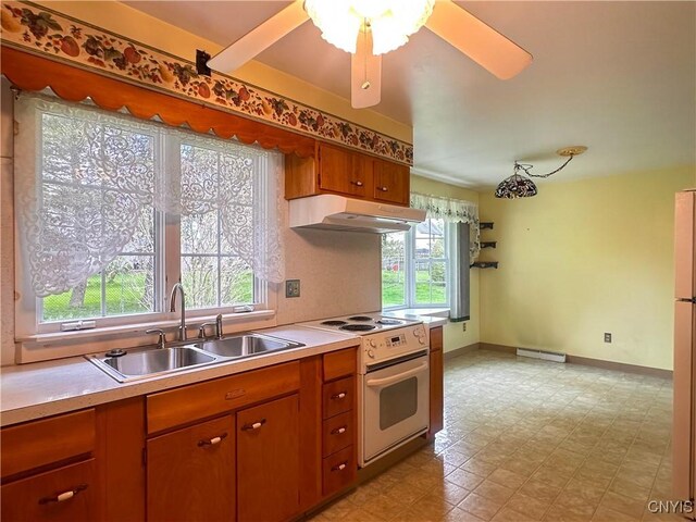 kitchen featuring brown cabinets, a sink, light countertops, white range with electric stovetop, and under cabinet range hood