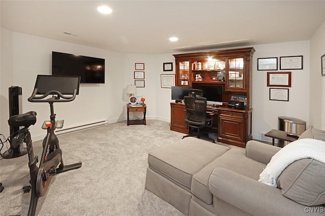 home office with recessed lighting, baseboards, baseboard heating, and light carpet