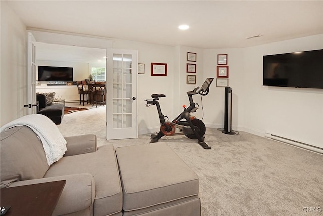 carpeted living room featuring baseboards, baseboard heating, french doors, and recessed lighting