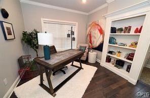 LOT16N Baltimore Ridge Rd, Marcellus, NY 13108 - office with crown molding, baseboards, and dark wood-style flooring
