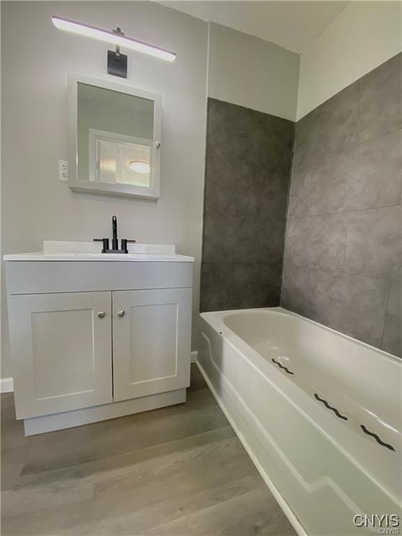 bathroom featuring vanity, a washtub, and wood finished floors