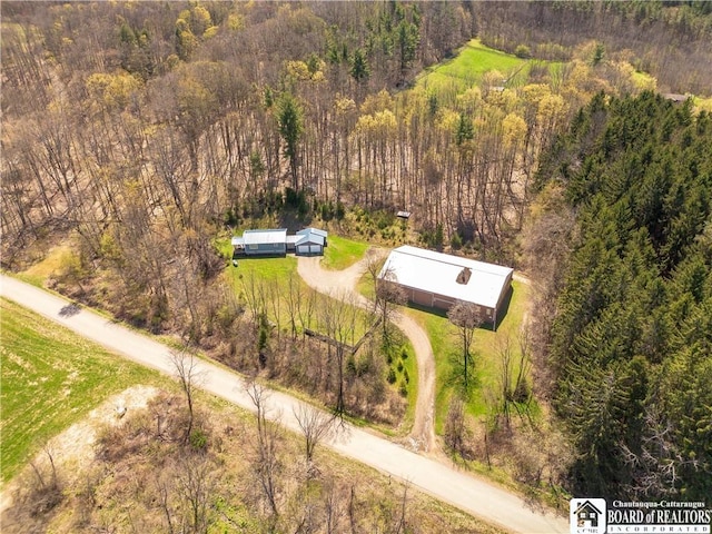 5585 Eke Rd, Harmony, NY 14710 - birds eye view of property with a wooded view