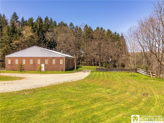 5585 Eke Rd, Harmony, NY 14710 - exterior space featuring fence, a view of trees, a pole building, and an outdoor structure