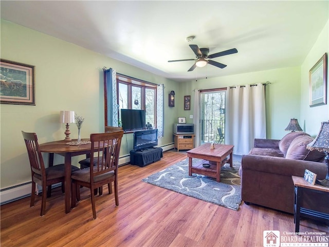 5585 Eke Rd, Harmony, NY 14710 - living area featuring ceiling fan, wood finished floors, and baseboard heating