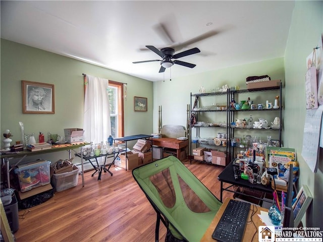 5585 Eke Rd, Harmony, NY 14710 - interior space featuring baseboard heating, a ceiling fan, and wood finished floors