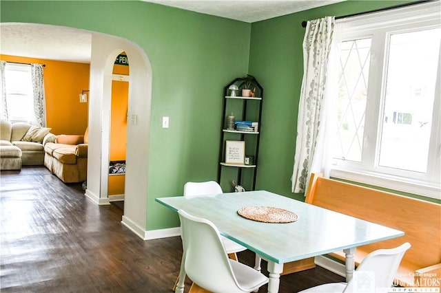 17 Howard St, Carroll, NY 14738 - dining area featuring baseboards, arched walkways, and dark wood-type flooring