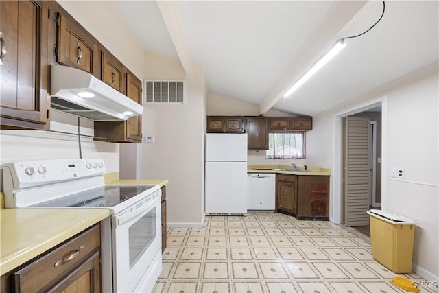 kitchen featuring lofted ceiling with beams, a sink, white appliances, under cabinet range hood, and visible vents