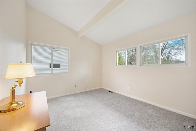 carpeted spare room with baseboards and lofted ceiling with beams
