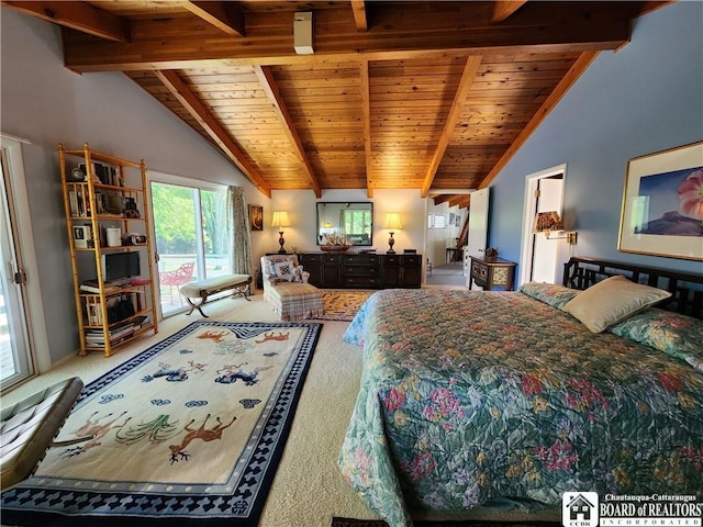 3539 Morley Rd, North Harmony, NY 14710 - bedroom featuring lofted ceiling with beams, carpet, wooden ceiling, and access to exterior