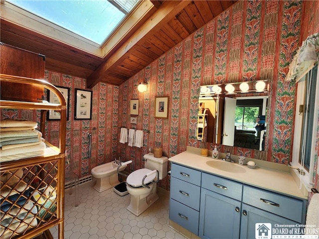 3539 Morley Rd, North Harmony, NY 14710 - bathroom featuring vaulted ceiling with skylight, a bidet, tile patterned flooring, wooden ceiling, and wallpapered walls