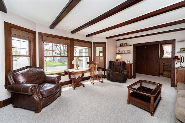 living area with carpet, baseboards, and beamed ceiling