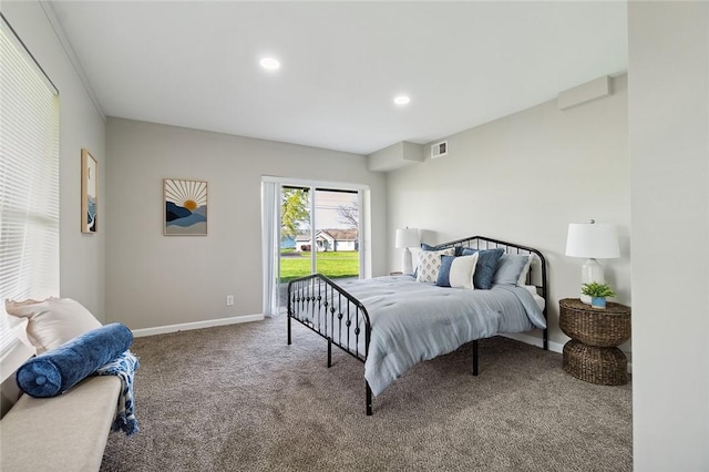 carpeted bedroom featuring visible vents, recessed lighting, baseboards, and access to exterior
