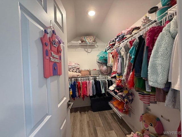spacious closet featuring vaulted ceiling and wood finished floors