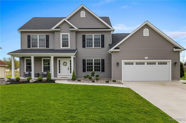 view of front of property with a garage, concrete driveway, a front yard, a porch, and roof with shingles