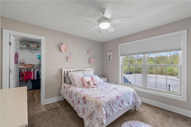 bedroom with baseboards, a spacious closet, wood finished floors, a closet, and ceiling fan