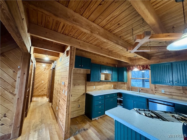 kitchen with blue cabinets, wood walls, beamed ceiling, light wood finished floors, and dishwashing machine