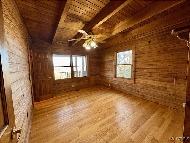 unfurnished room with wooden walls, beam ceiling, light wood finished floors, a ceiling fan, and wood ceiling