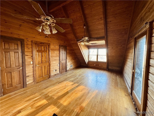 bonus room with wood walls, hardwood / wood-style floors, vaulted ceiling with beams, wooden ceiling, and a ceiling fan