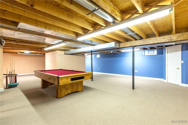 playroom with pool table, baseboards, and carpet