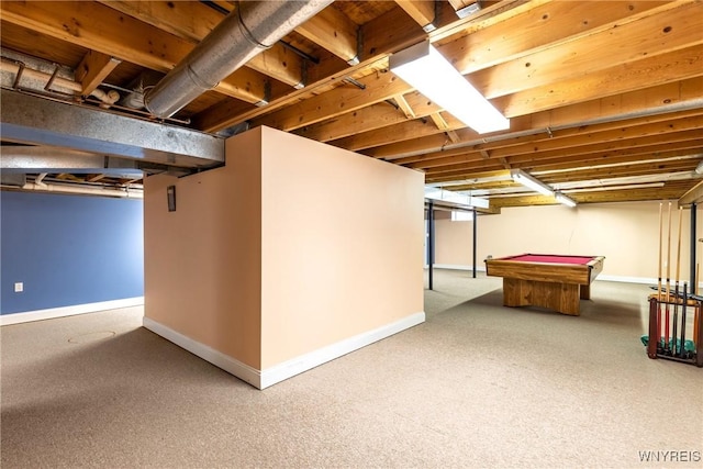 finished below grade area featuring baseboards, carpet, and billiards