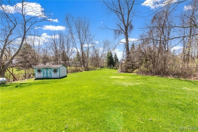 view of yard with an outbuilding and a shed