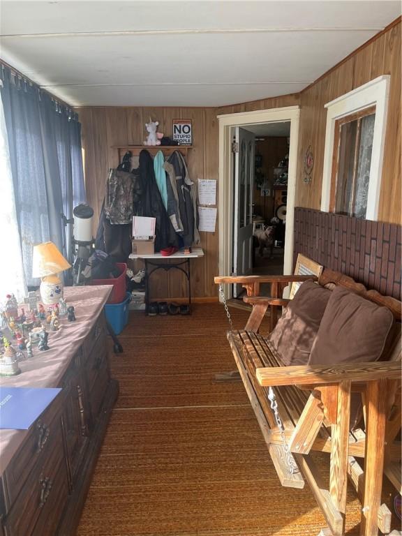 exterior space featuring wooden walls and carpet
