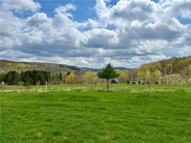 property view of mountains featuring a rural view and a wooded view
