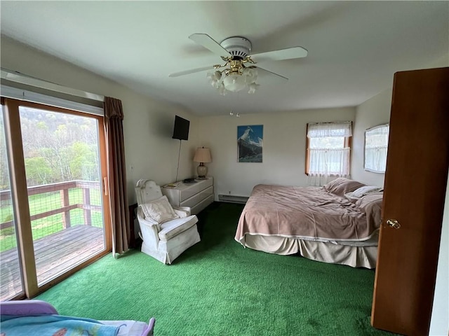 bedroom featuring carpet floors, a baseboard radiator, a ceiling fan, and access to outside