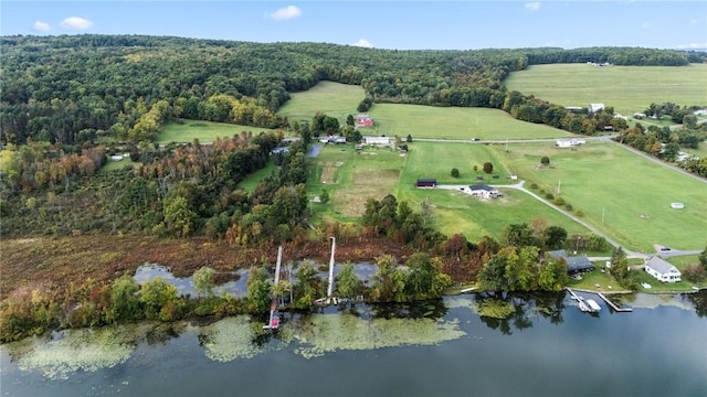 birds eye view of property featuring a water view, a rural view, and a wooded view