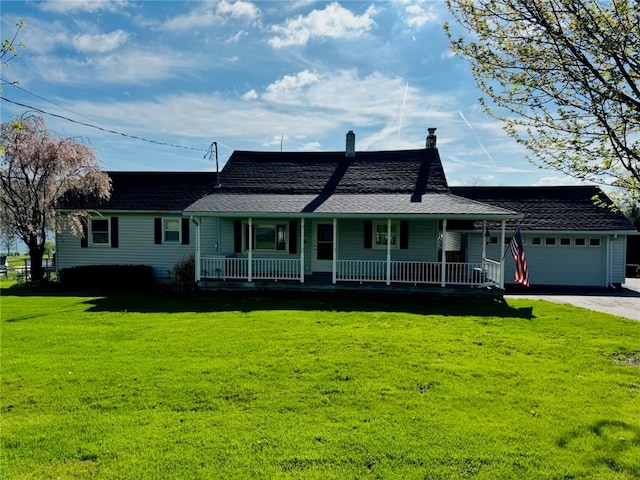 view of front facade with a porch, an attached garage, driveway, and a front yard