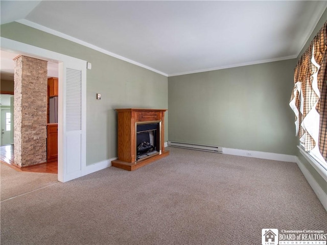 53 W 5th St, Dunkirk-City, NY 14048 - unfurnished living room with a baseboard radiator, carpet, a fireplace with raised hearth, and a wealth of natural light